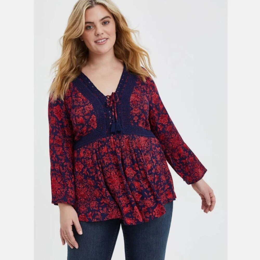 Torrid Babydoll Crinkle Gauze Size 2X Blouse Top 3/4 Sleeves Lace Up